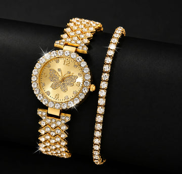 Here’s a shorter, cleaner product name:  Women’s Butterfly Quartz Watch & Bracelet Set – Elegant Gold Fashion Gift